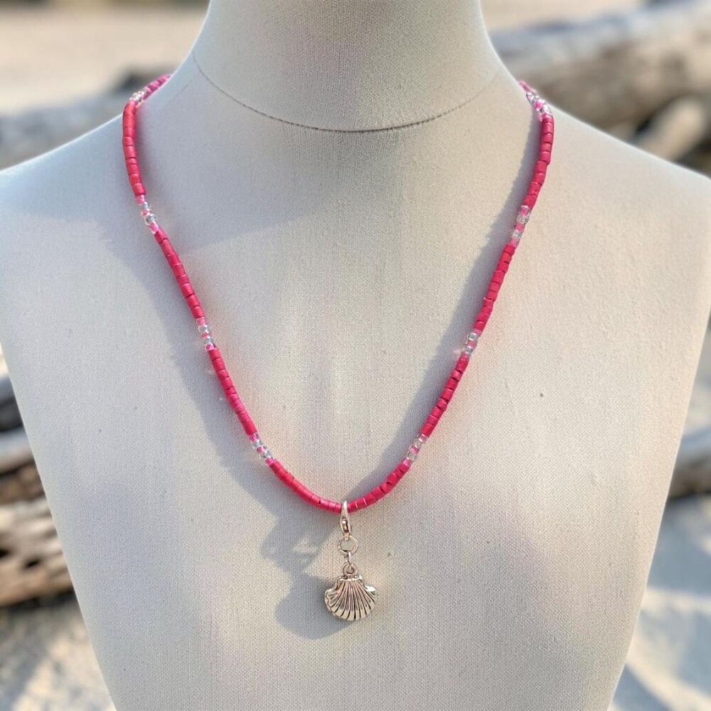 Pink Beaded Seashell Charm Necklace, Coastal Beach Summer Mermaid Jewelry